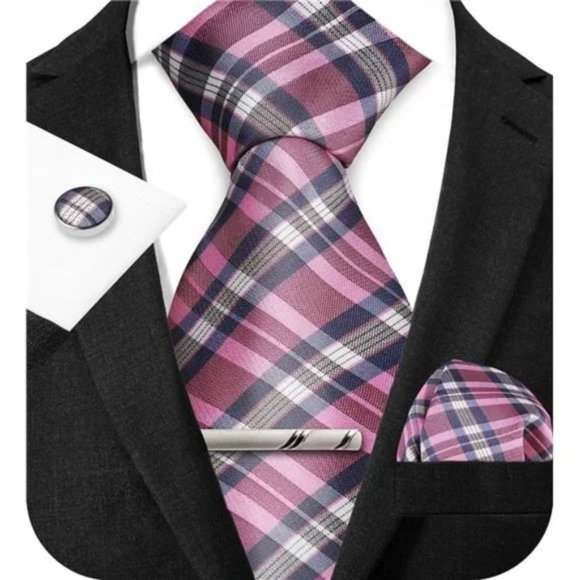 Mens Ties Set in Gift Box/ Plaid Pink Checkered Tie Set Gift for Men - Picture 2 of 5